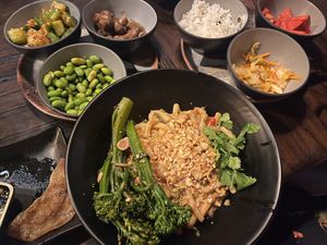 Another day version of vegan Dan Dan noodles and vegan banchan at The Dragon Room in Columbia