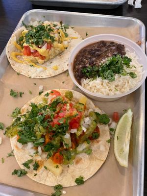 Jackfruit and tofu, of course beans and rice at Taco Labs Boca in Boca Raton