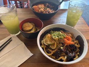 Curry udon and rayu cucumbers with cucumber Fresca   at Nanban in Pittsburgh