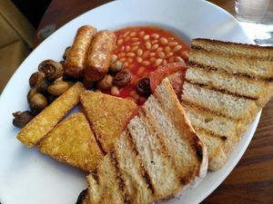 The veggie breakfast can be made vegan (take off the eggs) (March 2024) at White Horse  in Aberystwyth