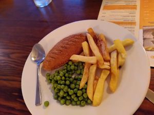 Chickisn't, chips and peas - kid's meal (April 2024) at White Horse  in Aberystwyth