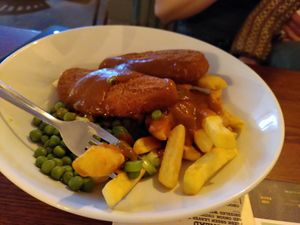Katsu chickisn't with chips and peas (April 2024) at White Horse  in Aberystwyth