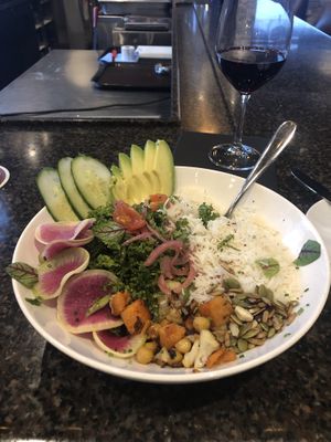 Harvest bowl without the raita. So yummy. I had it twice. One was take away for the train ride home. I was so happy to find this place    at REDS   in Niagara Falls