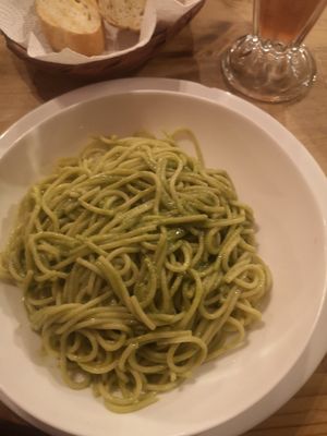 Pesto pasta vegan at Condor Cafe in Sucre