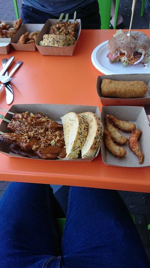 sate and shrimps (and kroket, bacon burger and kibbuhling ordered by my friends) at De Vegetarische Snackbar in The Hague
