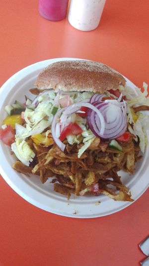 Vegan shoarma with vegan sauces at De Vegetarische Snackbar in The Hague