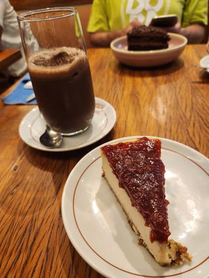 cold chocolate and fruity cheesecake at Teva Deli in Rio De Janeiro