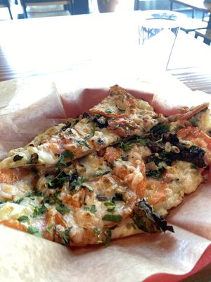 Roma Tomatoes, Dino Kale, Vegan Cheese, Fresh Herbs,
Garlic Olive Oil. YUM!!! Devoured It ALL 😛🍕🍕 $8  at Sliver Pizzeria in Fremont