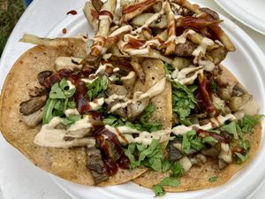 Mushroom tacos and Mojo fries  at 1837 Vegan in Sacramento