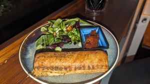 Vegan sausage roll, amaretto & coke at Njord Cafe Bar in Ramsgate