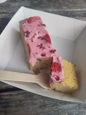 Strawberry and rhubarb cake at Bakehouse in Bristol