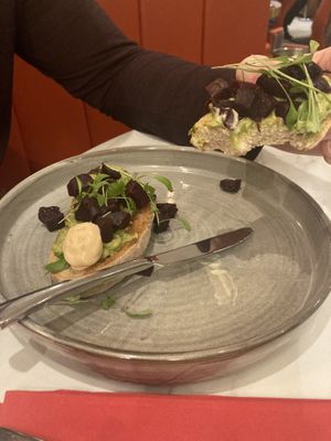 Avocado bruschetta on sourdough with sriracha vegan mayo  at Brasserie Artisan in Doncaster