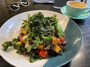 Chickpea stack (I think that’s what it was called) and the best coffee I’ve had in aaaages   at Patch in Colchester