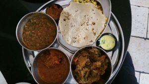 Indian vegan thali plate at Meshek Barzilay in Tel Aviv