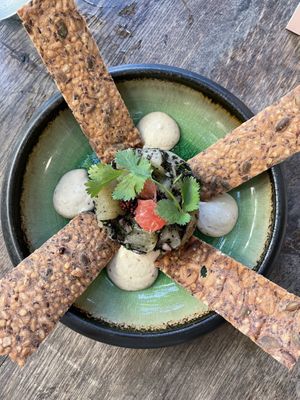Eggplant ceviche  at Meshek Barzilay in Tel Aviv