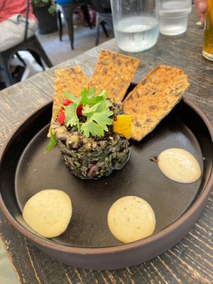 Eggplant ceviche  at Meshek Barzilay in Tel Aviv