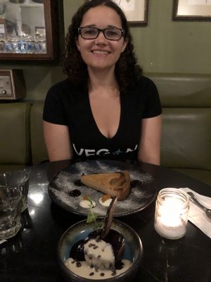 Pear pie and cocoa flake at Meshek Barzilay in Tel Aviv