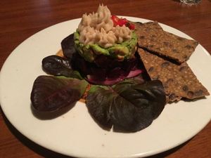 Rapunzel, avocado and beet ceviche served with cream of Lima bean and buckwheat at Meshek Barzilay in Tel Aviv