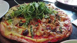 Vegan pizza - good texture at Meshek Barzilay in Tel Aviv