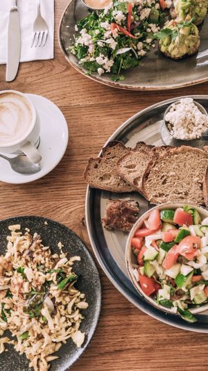 Breakfast with scrambled tofu at Meshek Barzilay in Tel Aviv
