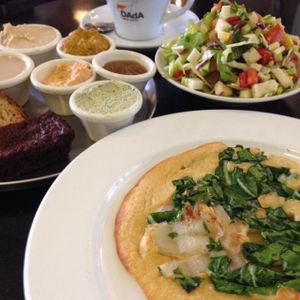 Vegan Breakfast with Chickpea Omelet at Meshek Barzilay in Tel Aviv