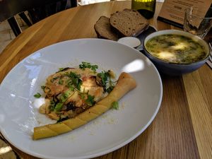 Yin Yang, soup, and bread at Meshek Barzilay in Tel Aviv