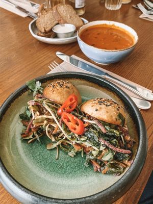 Boa bun with tomato soup at Meshek Barzilay in Tel Aviv