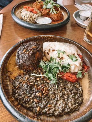 Pumpkin steak with smach patato and lentils  at Meshek Barzilay in Tel Aviv