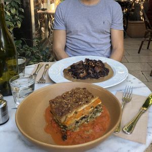 Lasagne and mushrooms  at Meshek Barzilay in Tel Aviv
