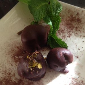 Vegan pralines made with raw cacao  at Meshek Barzilay in Tel Aviv