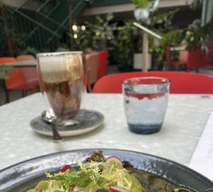 Salat with avocado and special decaf coffee with ashwaganda   at Healthy Longevity Café in Prague