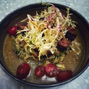 Zucchini Spaghetti / zoodles with shiitake and extra Tempeh at Healthy Longevity Café in Prague