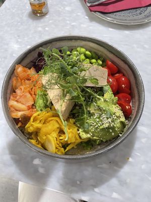 Buddha bowl with smoked tofu   at Healthy Longevity Café in Prague