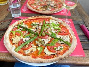 Margarita pizza with asparagus, mushrooms and eggplant added. Delicious   at Pizzeria Foculus in Ljubljana