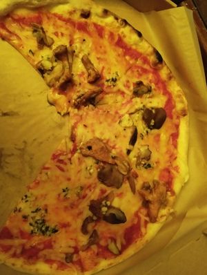 Mushroom pizza with vegan cheese at Pizzeria Foculus in Ljubljana
