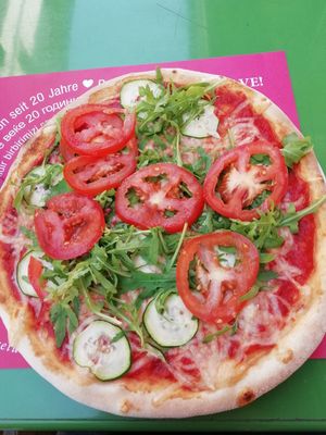 summer pizza with vegan cheese at Pizzeria Foculus in Ljubljana