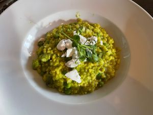 Asparagus risotto with vegan feta cheese   at The Mustard Seed  in Inverness