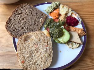 Brunch - Bread and spreads (apple onion chutney is awesome) and different types of tofu at Pele-Mele in Berlin