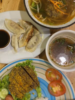 Steak noodle soup, dumplings and steak with rice   at Surn Yi Vegetarian Restaurant in Phnom Penh