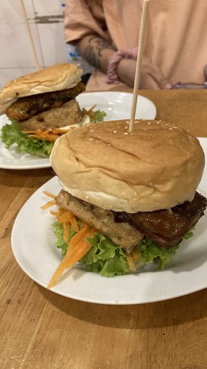 Braised gluten burger and fried mushroom burger, delicious!  at Surn Yi Vegetarian Restaurant in Phnom Penh
