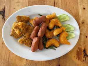 Friendship meal (vegan black pepper steak, vegan hot dog, vegan shrimp), $5.50  at Surn Yi Vegetarian Restaurant in Phnom Penh