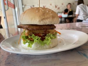 Veggie black pepper steak burger with tofu, $2.75  at Surn Yi Vegetarian Restaurant in Phnom Penh