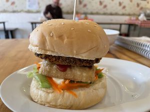 Crispy mushroom steak burger with tofu, $2.50  at Surn Yi Vegetarian Restaurant in Phnom Penh