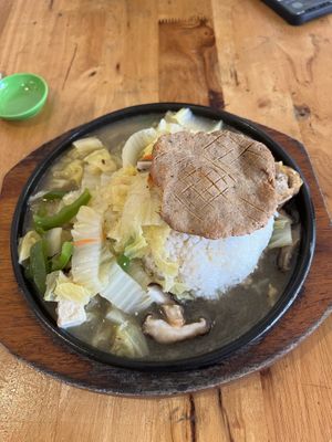 Sizzling steak with rice   at Surn Yi Vegetarian Restaurant in Phnom Penh
