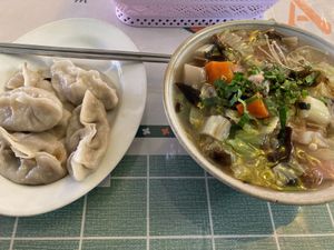 Boiled dumps, mushrooms soup. at Surn Yi Vegetarian Restaurant in Phnom Penh