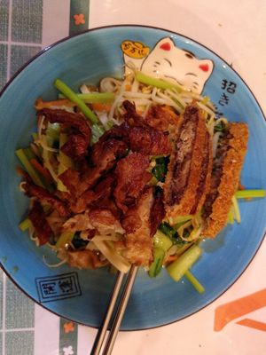 Noodles with seitan and moke meat at Surn Yi Vegetarian Restaurant in Phnom Penh