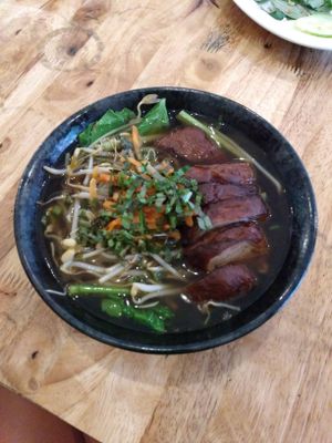 Noodle soup with braised gluten. Costs about $3 at Surn Yi Vegetarian Restaurant in Phnom Penh