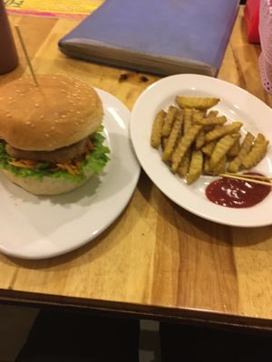 Vegan burger  at Surn Yi Vegetarian Restaurant in Phnom Penh