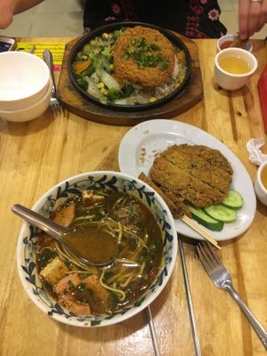 Fried steak with rice, fried steak and Chinese nutrition soup  at Surn Yi Vegetarian Restaurant in Phnom Penh