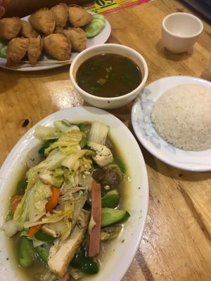 Black pepper stir fry set meal and fried dumplings at Surn Yi Vegetarian Restaurant in Phnom Penh